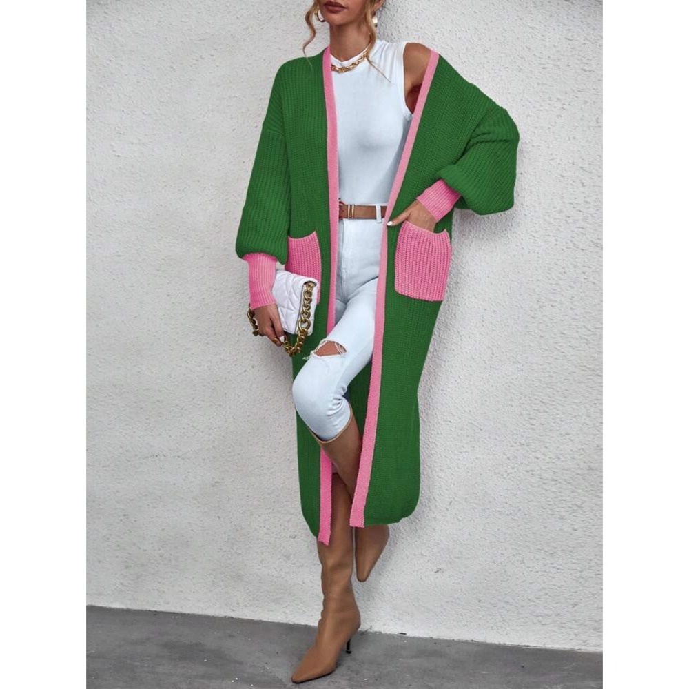 Shein Green Pink Colorblock Ribbed Longline Cardigan Duster L Boho Eclectic